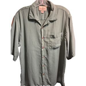 Seven Palm Men’s Button Up Shirt M Green Hawaiian 100% Silk Short Sleeve